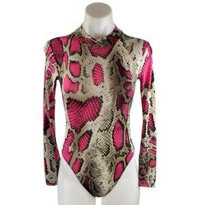 Fashion Queen Women's Multicolor Snake Skin Long Sleeve Mock Neck Bodysuit Top S